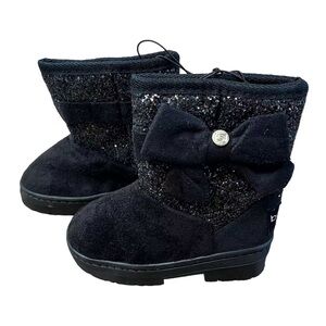 Bebe Girls Black Glitter Bow Winter Boots, Faux Fur Lined, Toddler Girl NEW